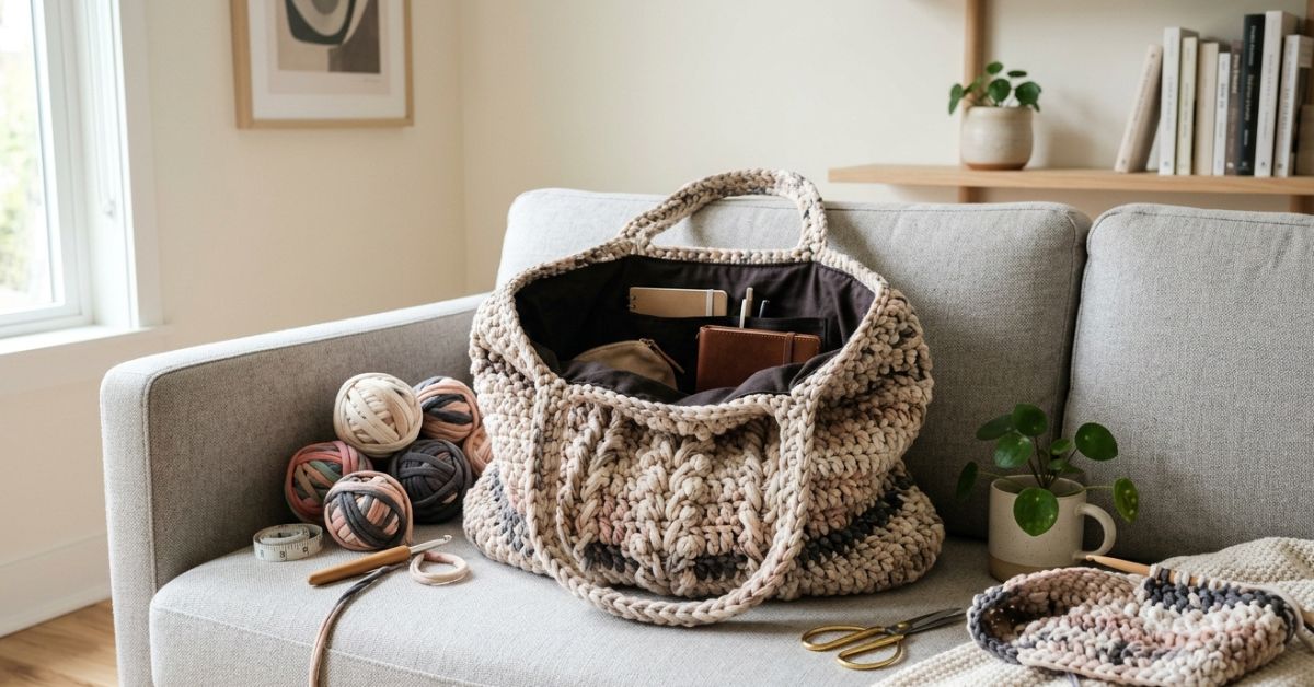 Borsa di fettuccia alluncinetto tutorial crea un modello morbido e spazioso in poche ore