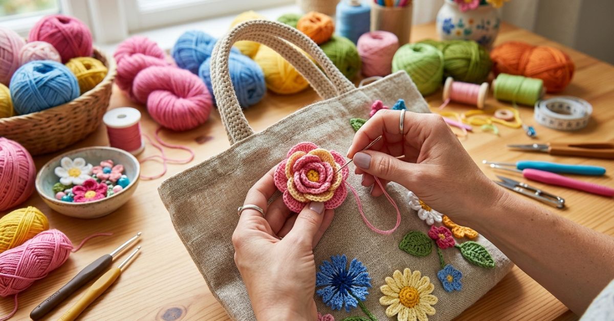 Borsa fiore uncinetto tutorial come applicare bellissimi dettagli floreali in 3D unici