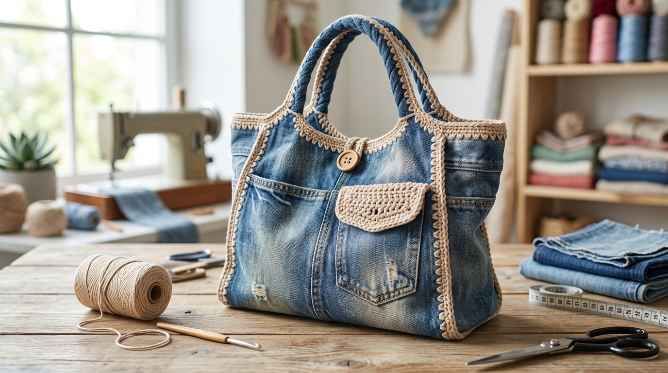 Borsa jeans e uncinetto tutorial: riciclare vecchi pantaloni unendoli alla maglia a mano