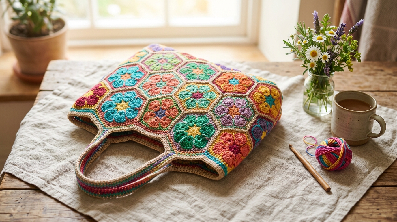 Borsa uncinetto fiore africano tutorial: unisci i petali colorati per un disegno unico